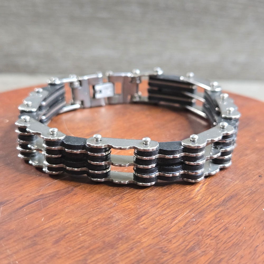 Stainless Steel Triple Row Motorcycle Chain Bracelet Men 7.5" Silver Black